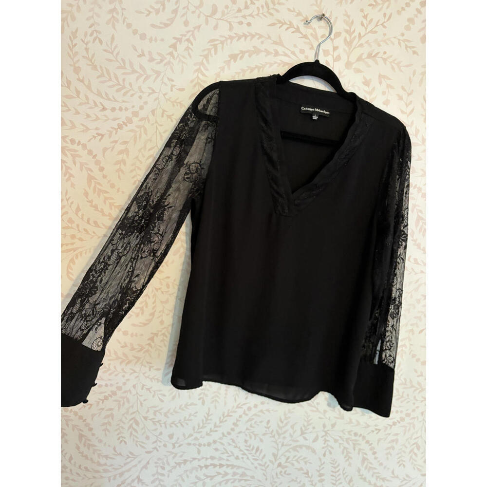 Catherine Malandrino Elegant Black Lace Sleeve Blouse L - Picture 2 of 8